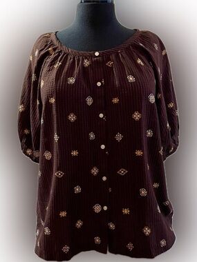 NWT Loft XL Brown Button Up Floral Woven Lightweight Blouse Cottagecore Boho